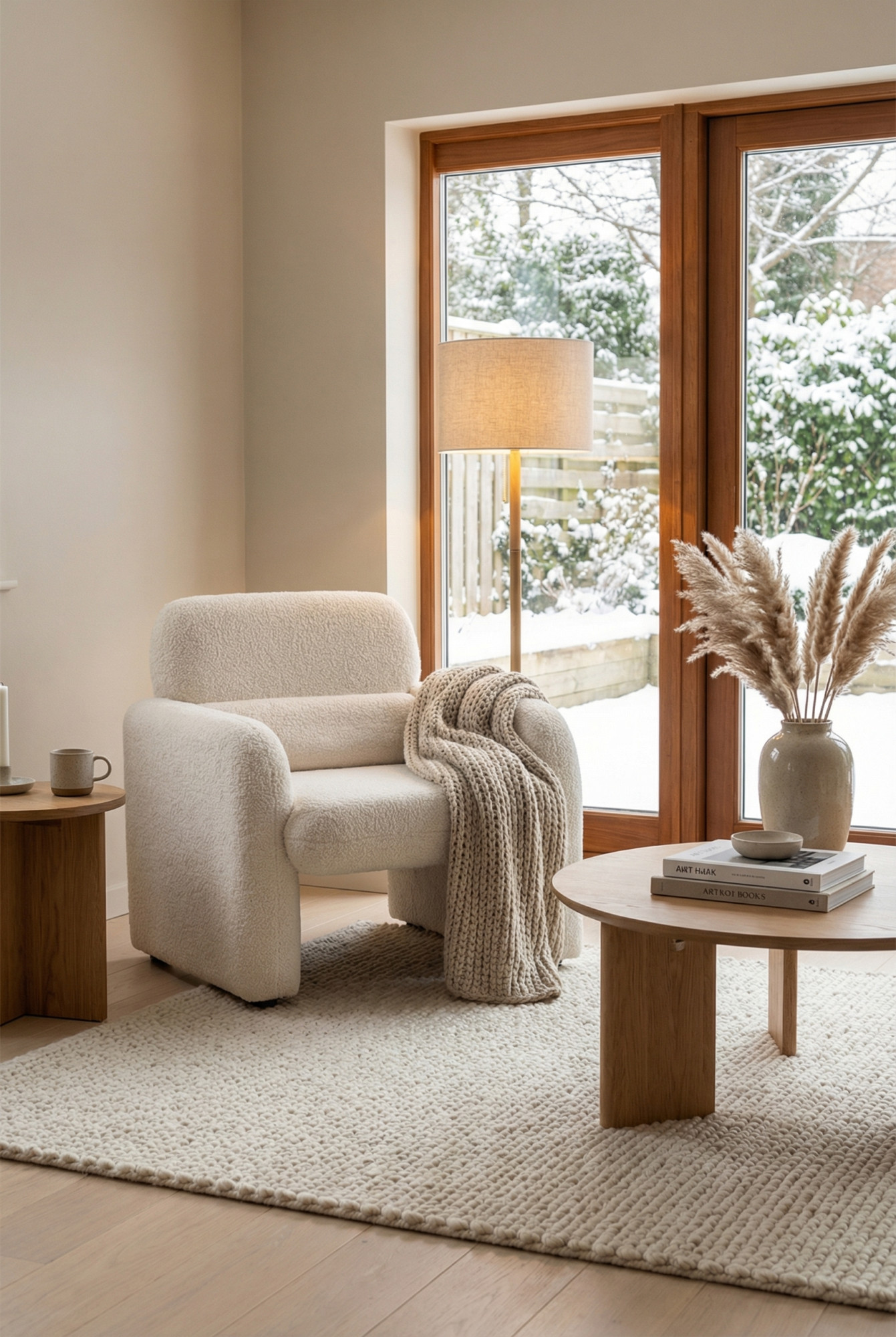 Przykładowa aranżacja z wypoczynkowym kremowym fotelem boucle Etilion 5X