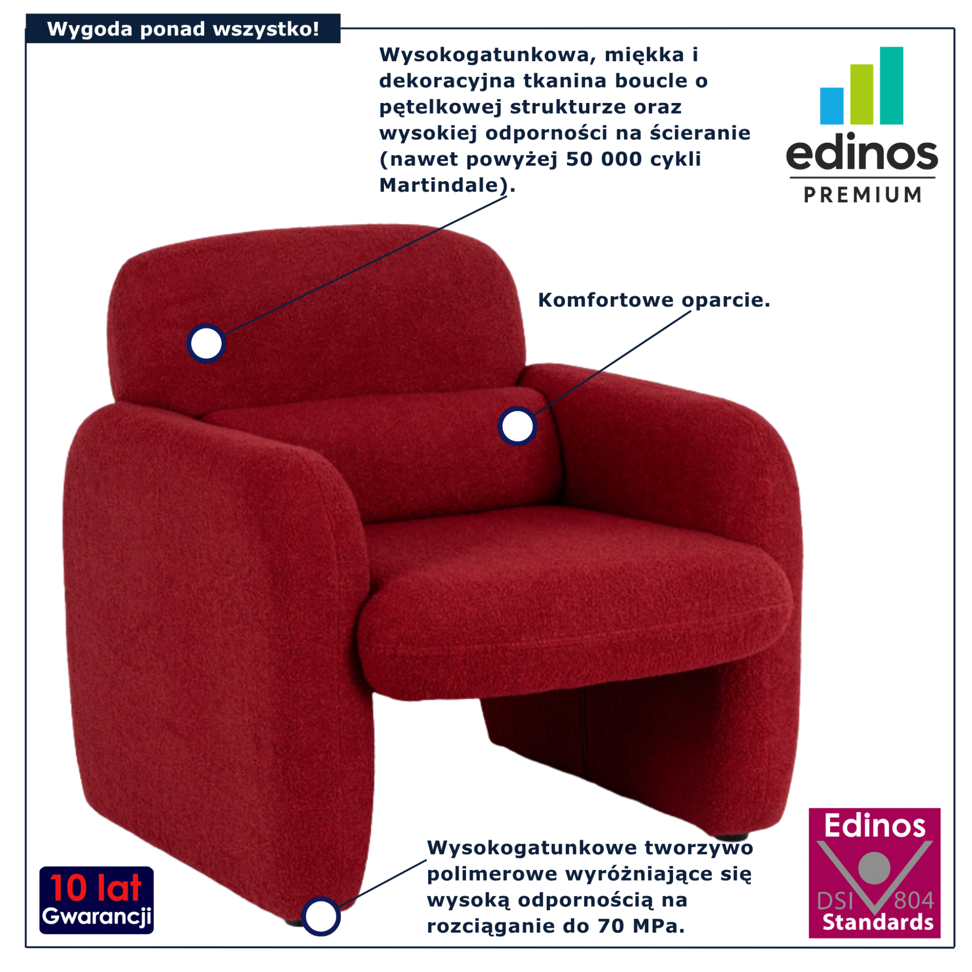 Czerwony fotel boucle do pokoju młodzieżowego Etilion 5X