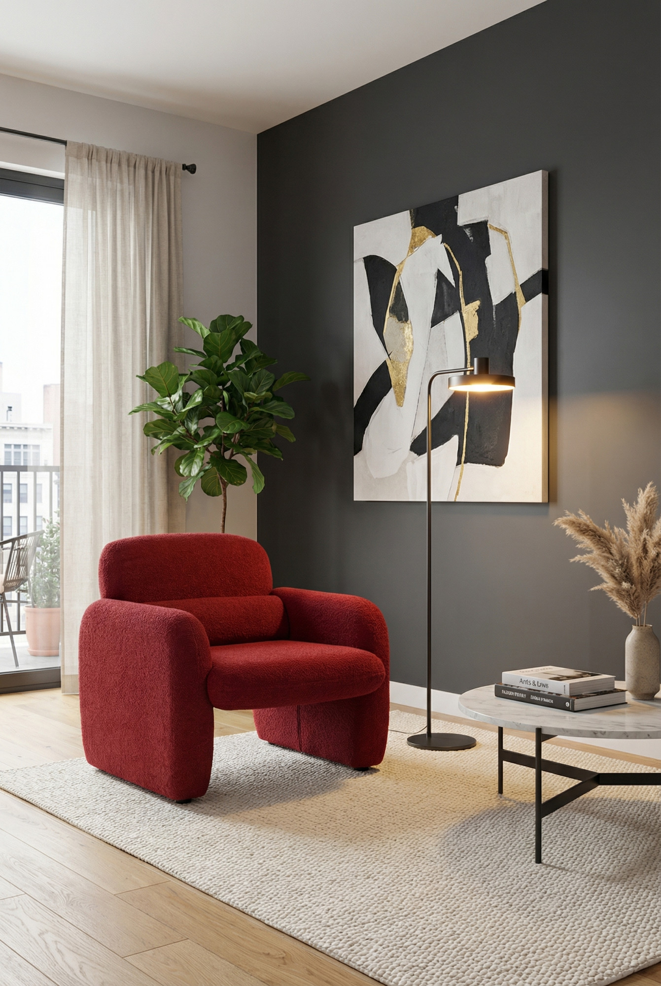 Aranżacja z czerwonym fotelem boucle Etilion 5X