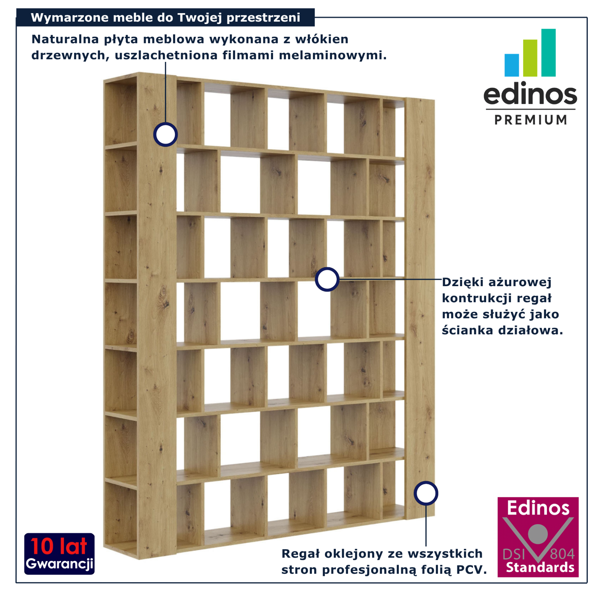 Wysoki regał biblioteczka do salonu nowoczesnego Naseri dąb artisan