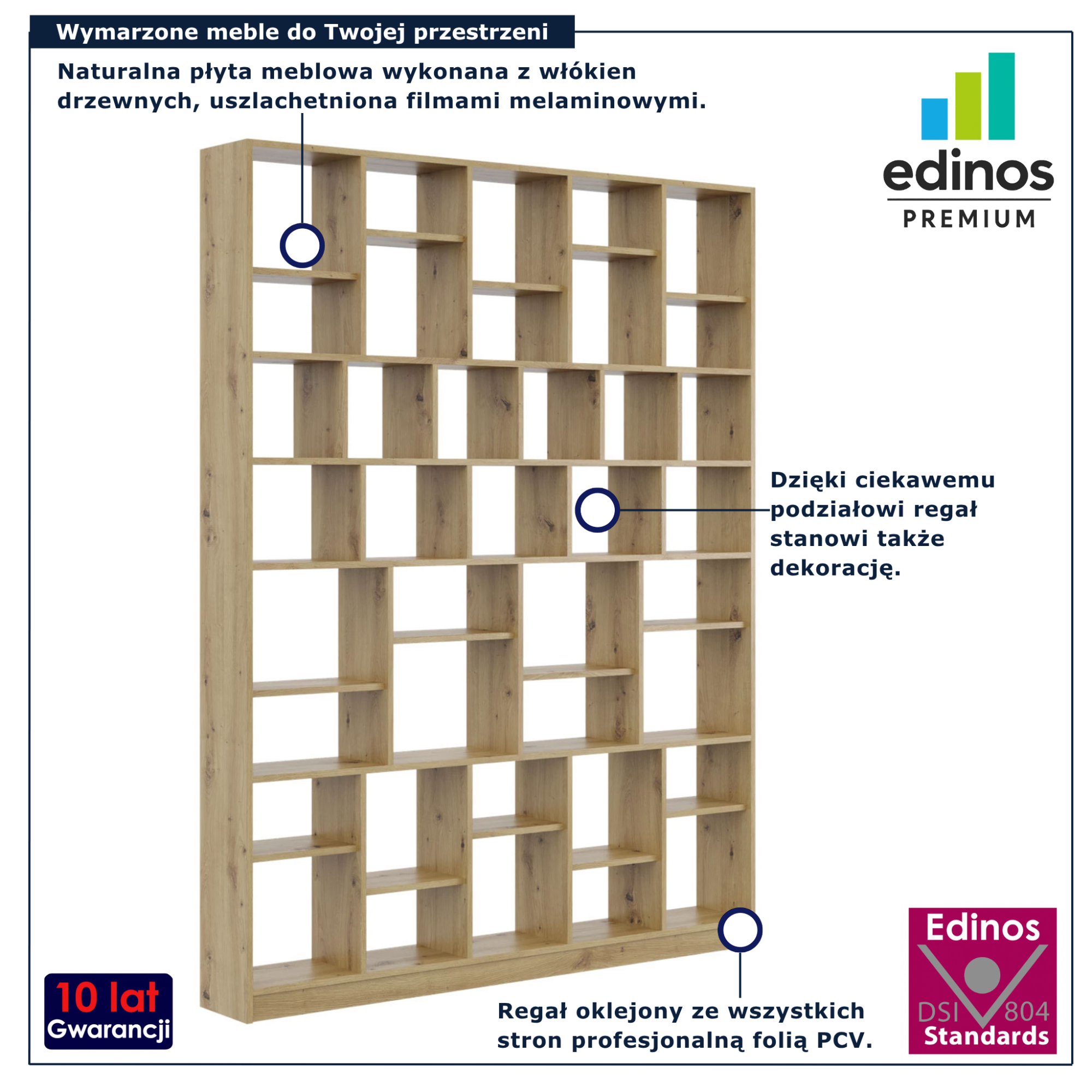 Wysoki regał na ścianę do salonu Epozio dąb artisan