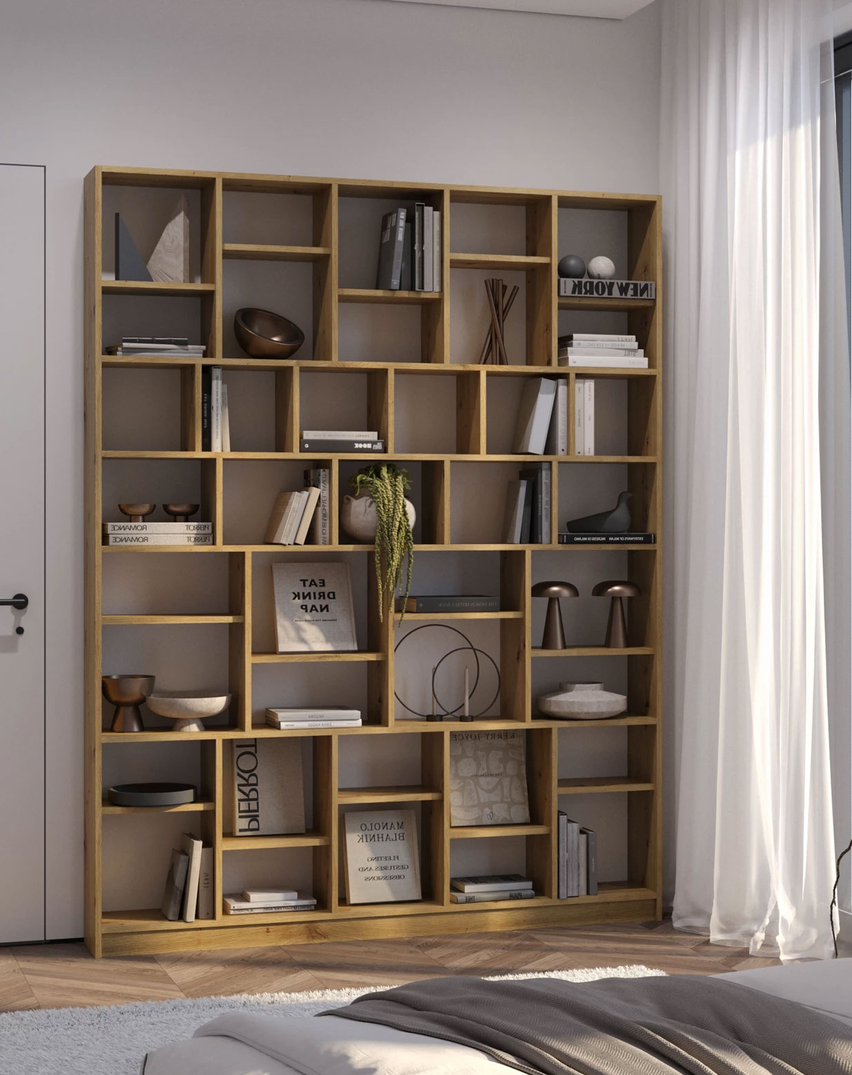 Sypialnia z wykorzystaniem dużego regału biblioteczki Epozio dąb artisan