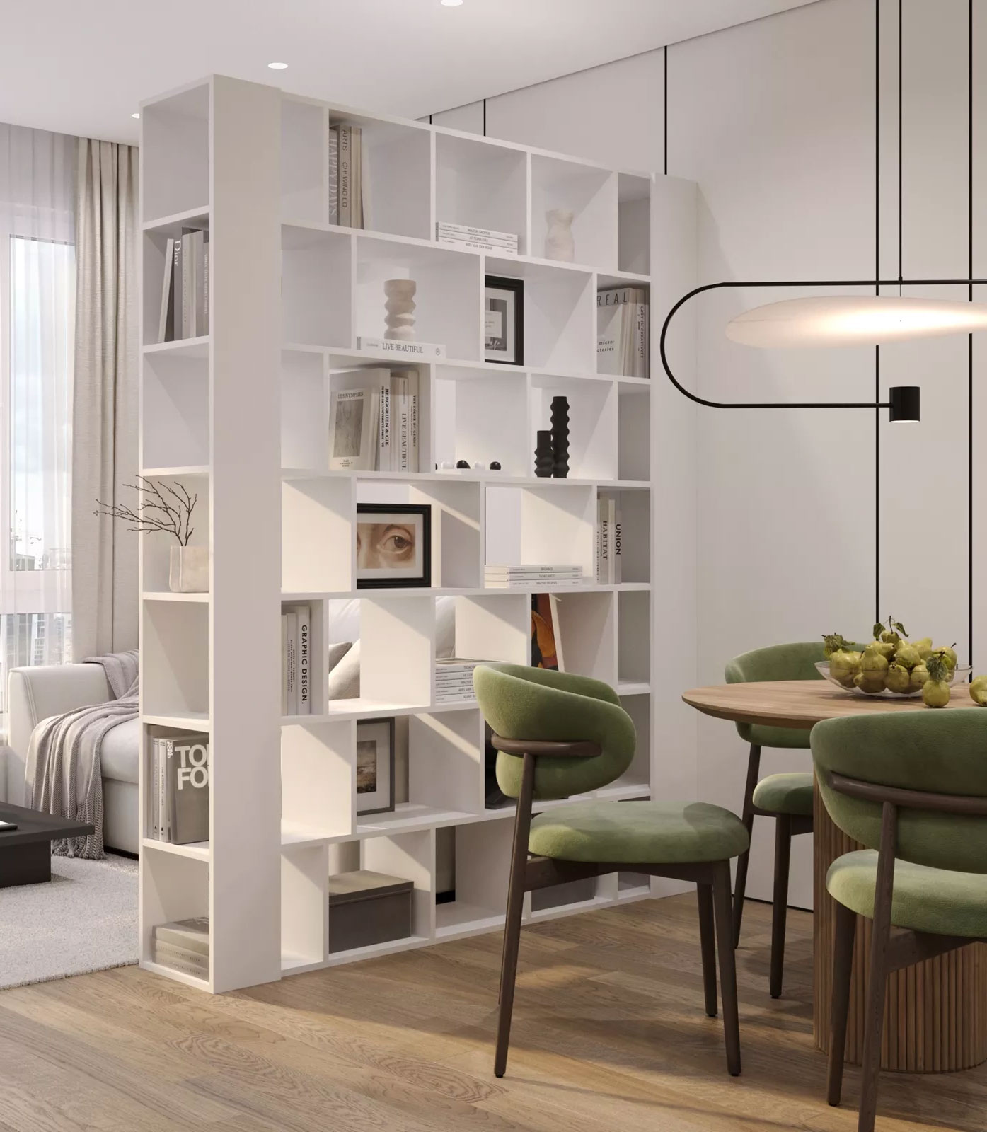 Salon z wykorzystaniem ażurowego regału Naseri białego