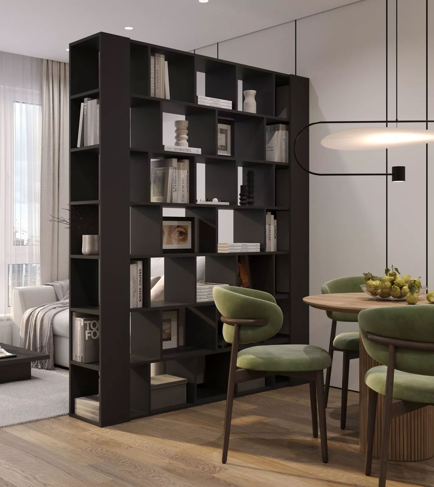 Salon z wykorzystaniem czarnego ażurowego regału Naseri