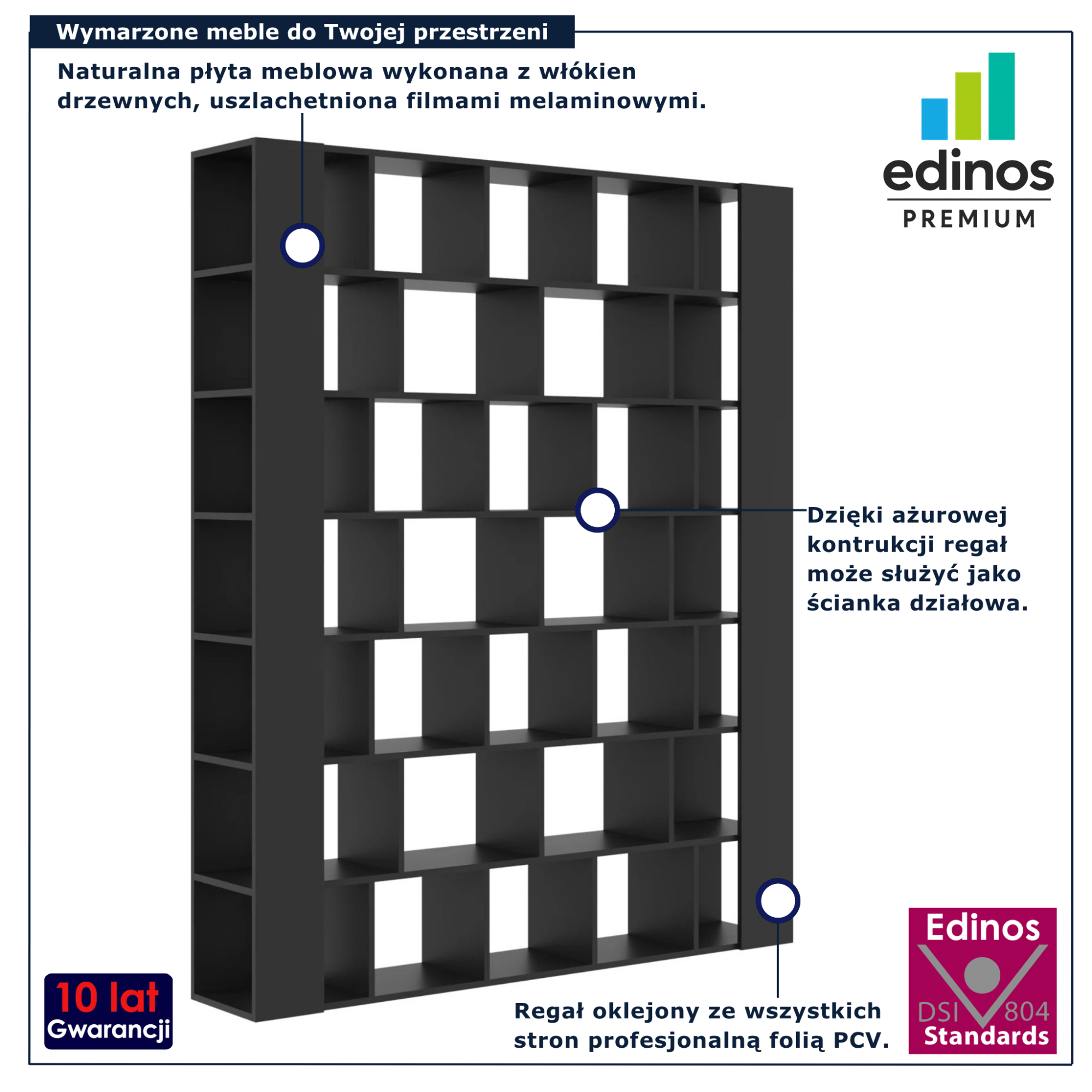 Czarny regał biblioteczka do salonu nowoczesnego Naseri