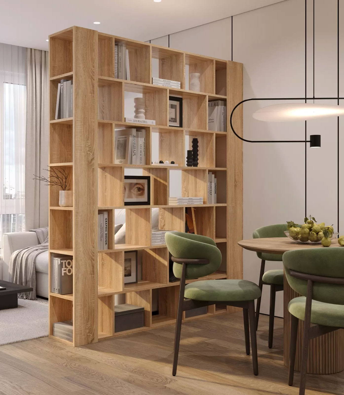 Salon z wykorzystaniem regału dąb sonoma Naseri jako ścianki działowej