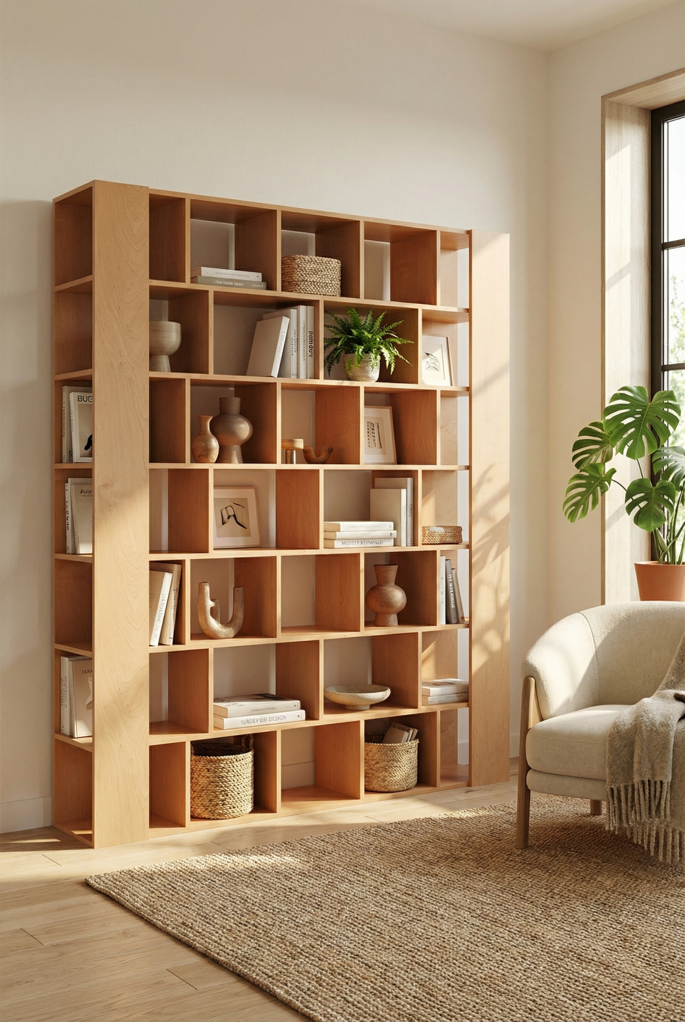 Salon z wykorzystaniem regału buka Naseri jako ścianki działowej