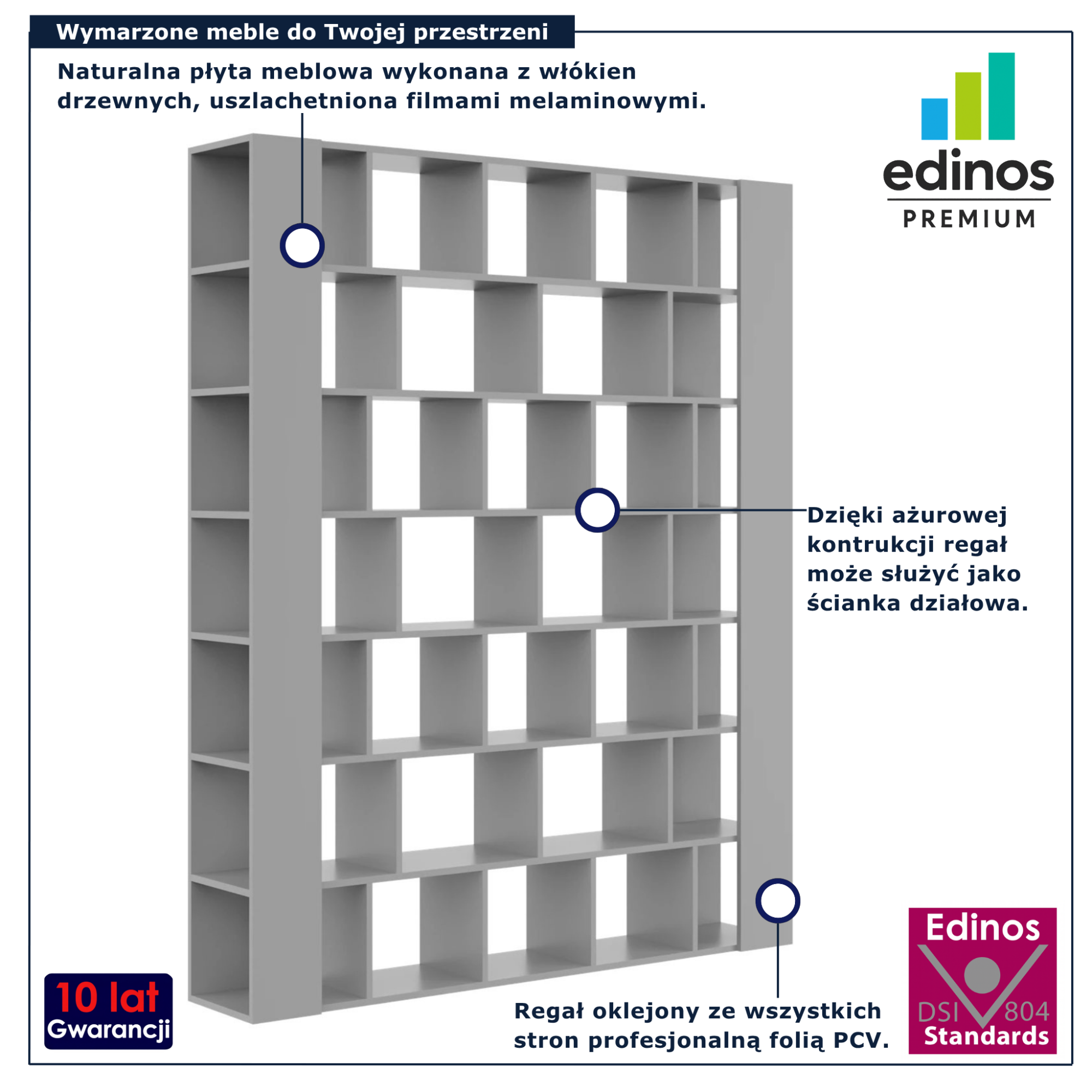 Szary regał skandynawski na książki na całą ścianę Naseri