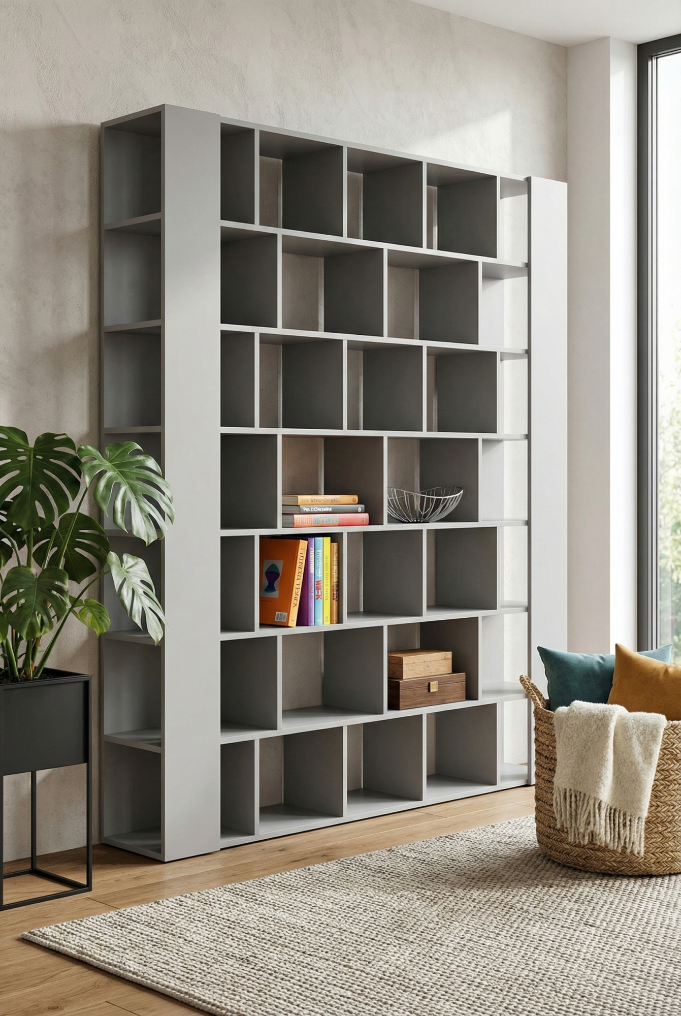 Salon nowoczesny z wykorzystaniem regału szarego Naseri 