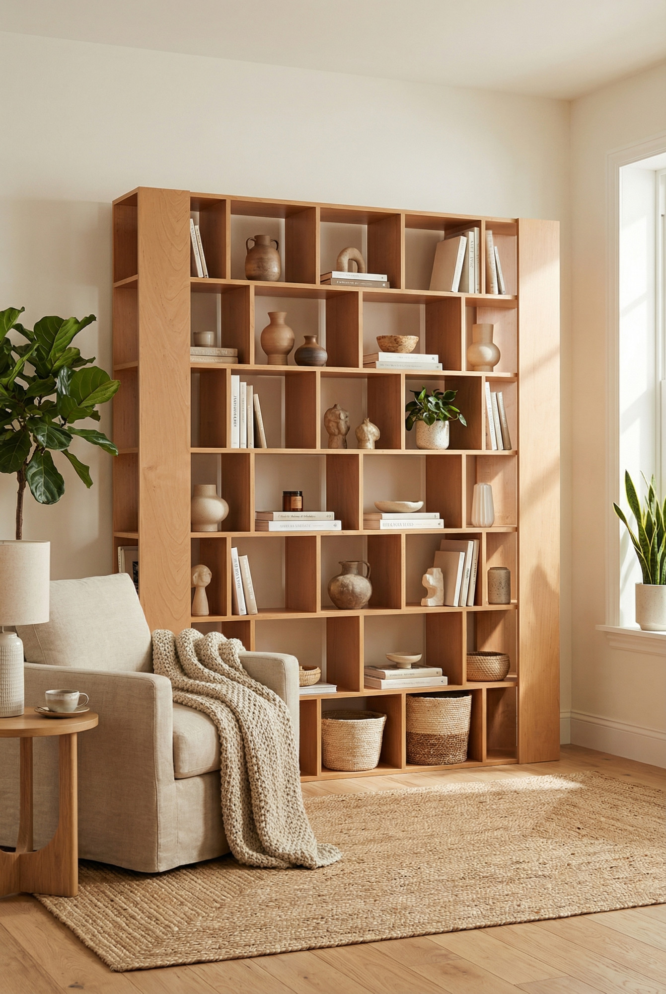 Wnętrze z wykorzystaniem regału olcha Naseri jako ścianki działowej