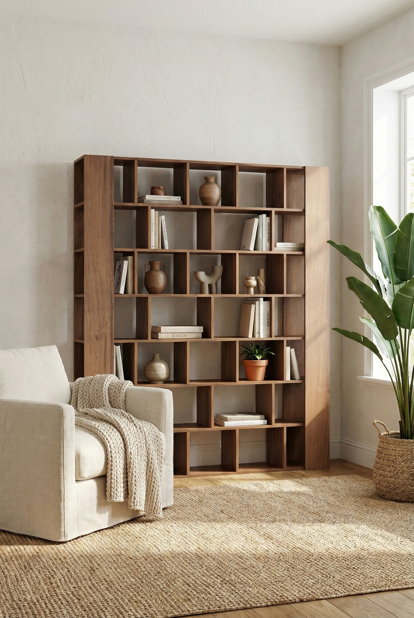 Wizualizacja orzechowego regału Naseri w nowoczesnym wnętrzu