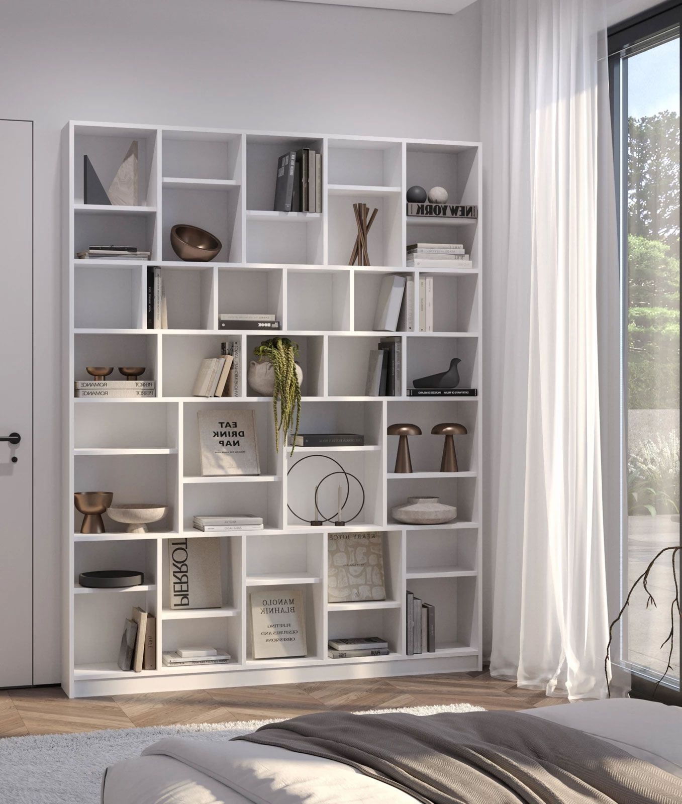 Przykładowe wnętrze z wykorzystaniem białego regału Epozio