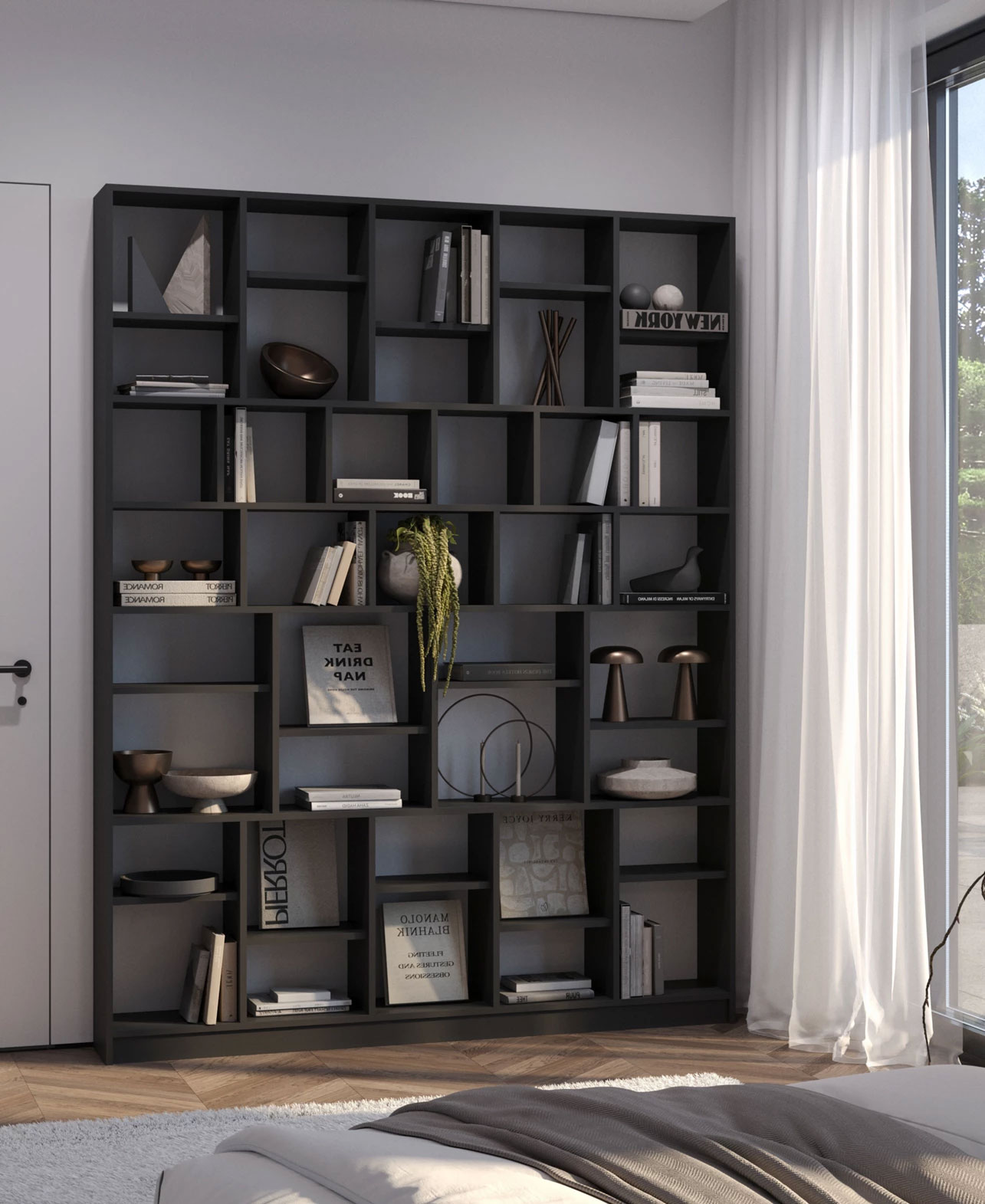 Wnętrze z wykorzystaniem czarnego regału Epozio