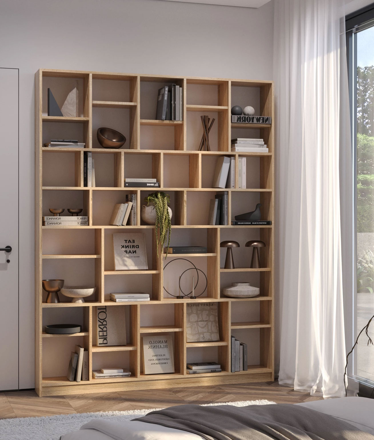 Przykładowa aranżacja z regałem Epozio dąb sonoma