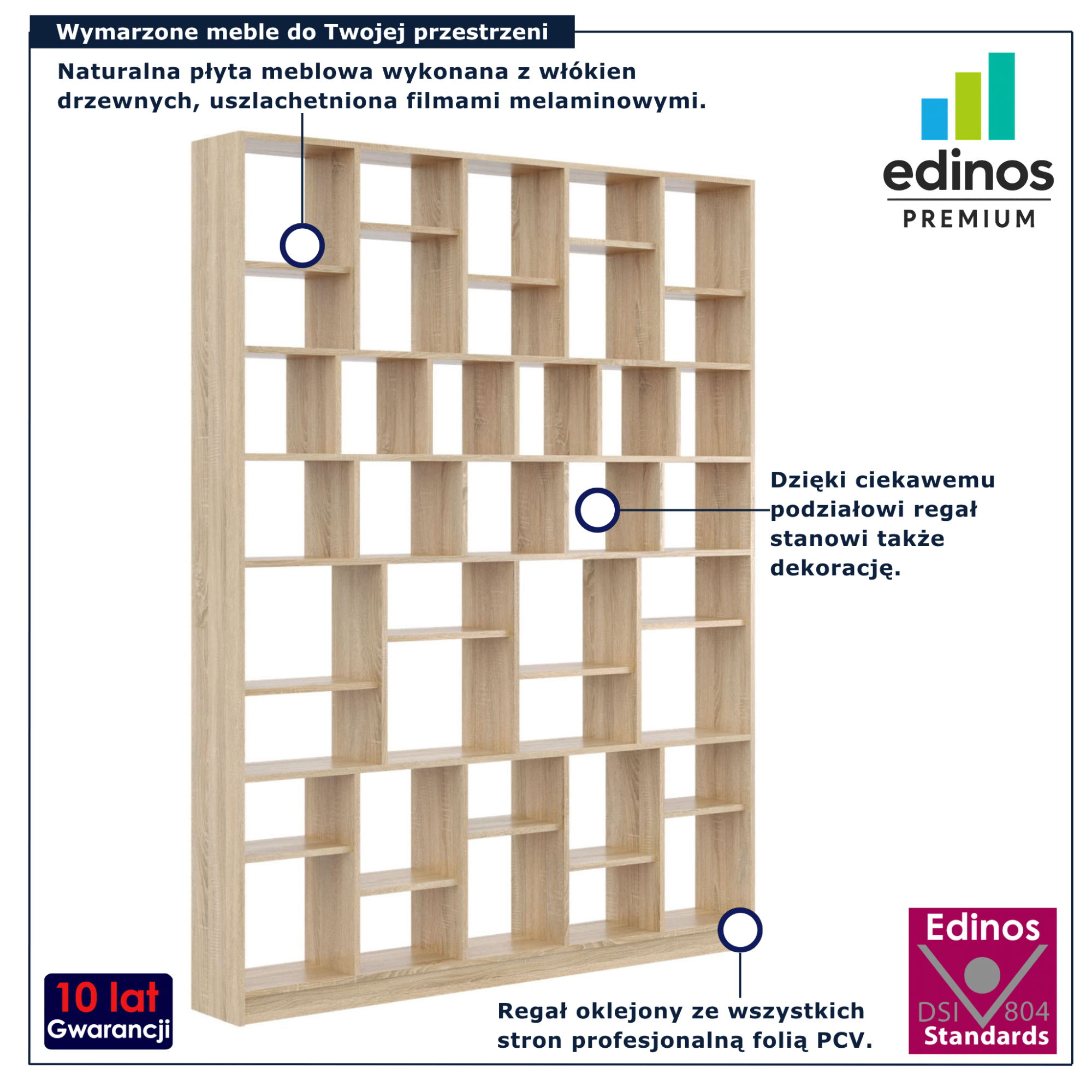 Wysoki regał biblioteczka do salonu dąb sonoma Epozio