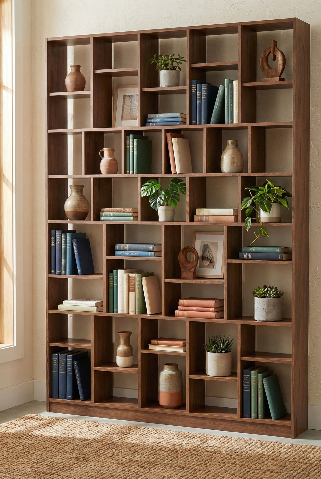 Wizualizacja wnętrza z orzechowym regałem Epozio