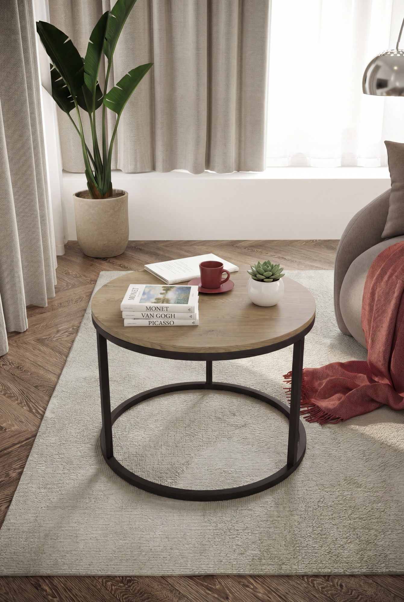 Aranżacja wnętrza ze stolikiem do saloonu Univ 3X dąb cremona