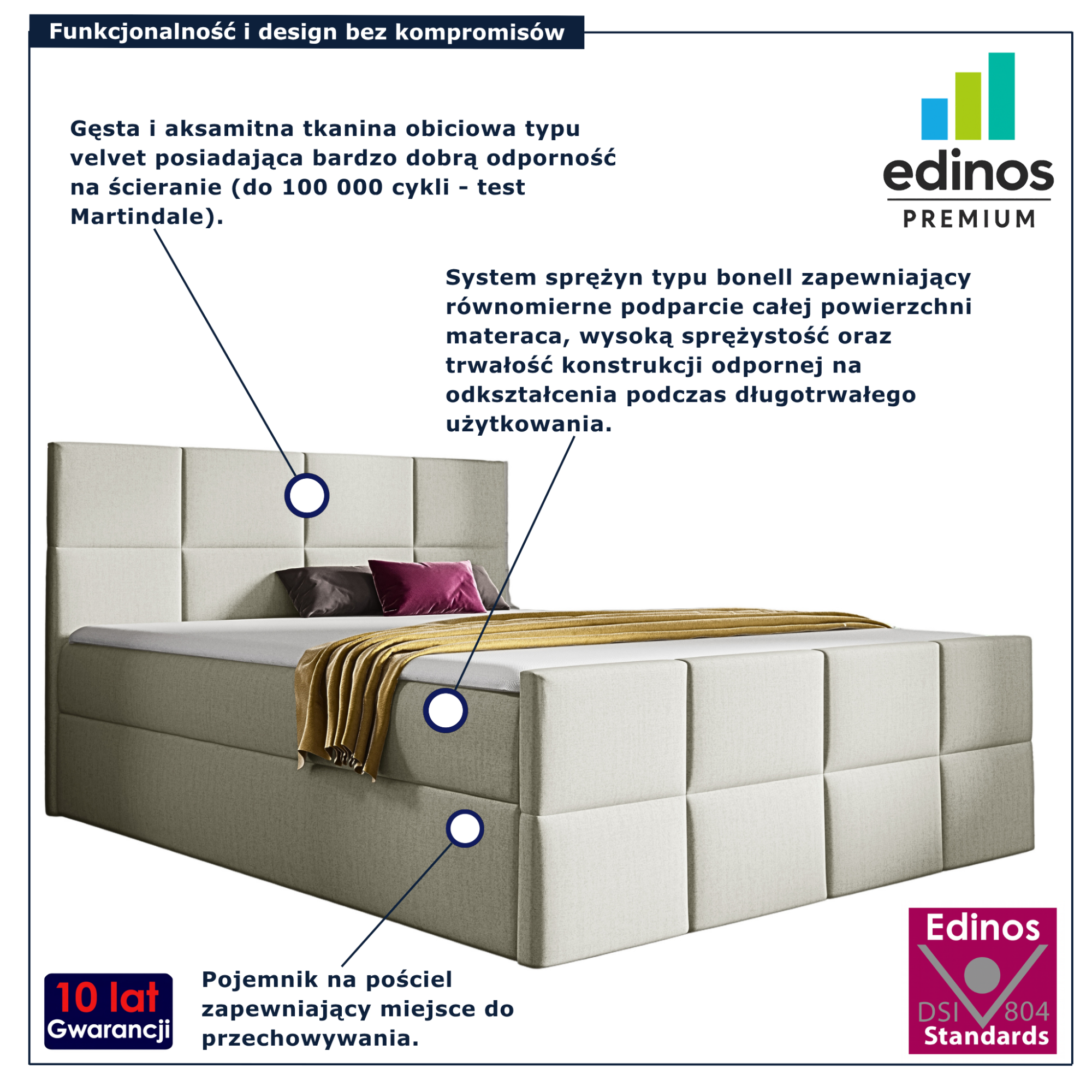 Kremowe tapicerowane łóżko z zagłówkiem Valmerio