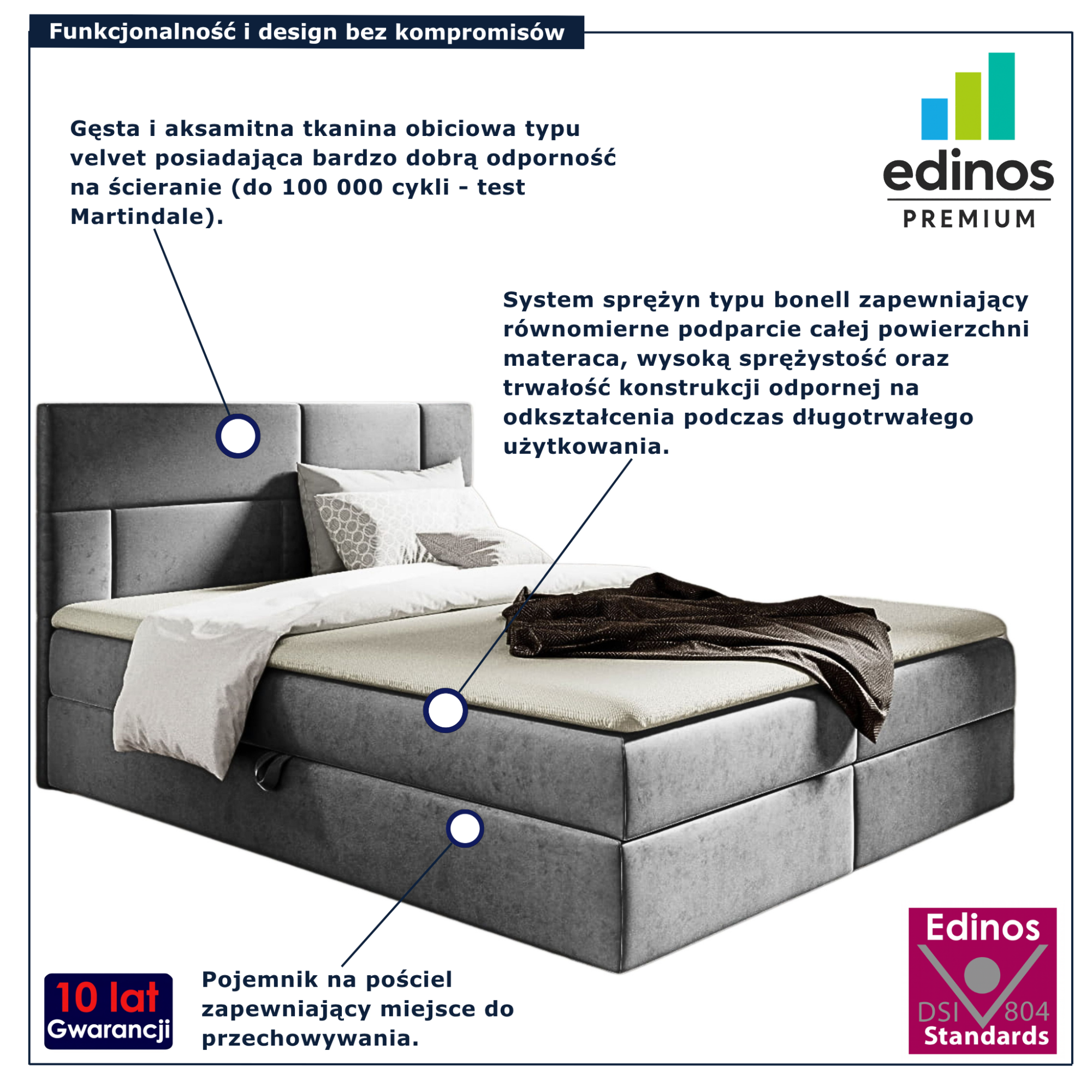 Szare tapicerowane łóżko z zagłówkiem Orellis