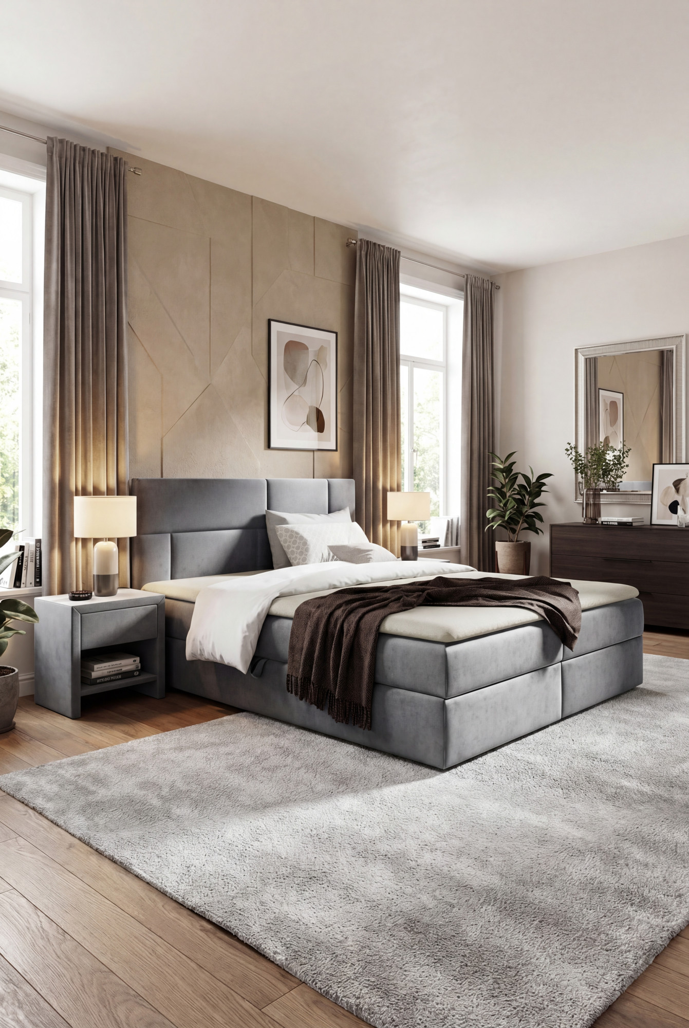 Aranżacja sypialni z szarym łóżkiem kontynentalnym Orellis