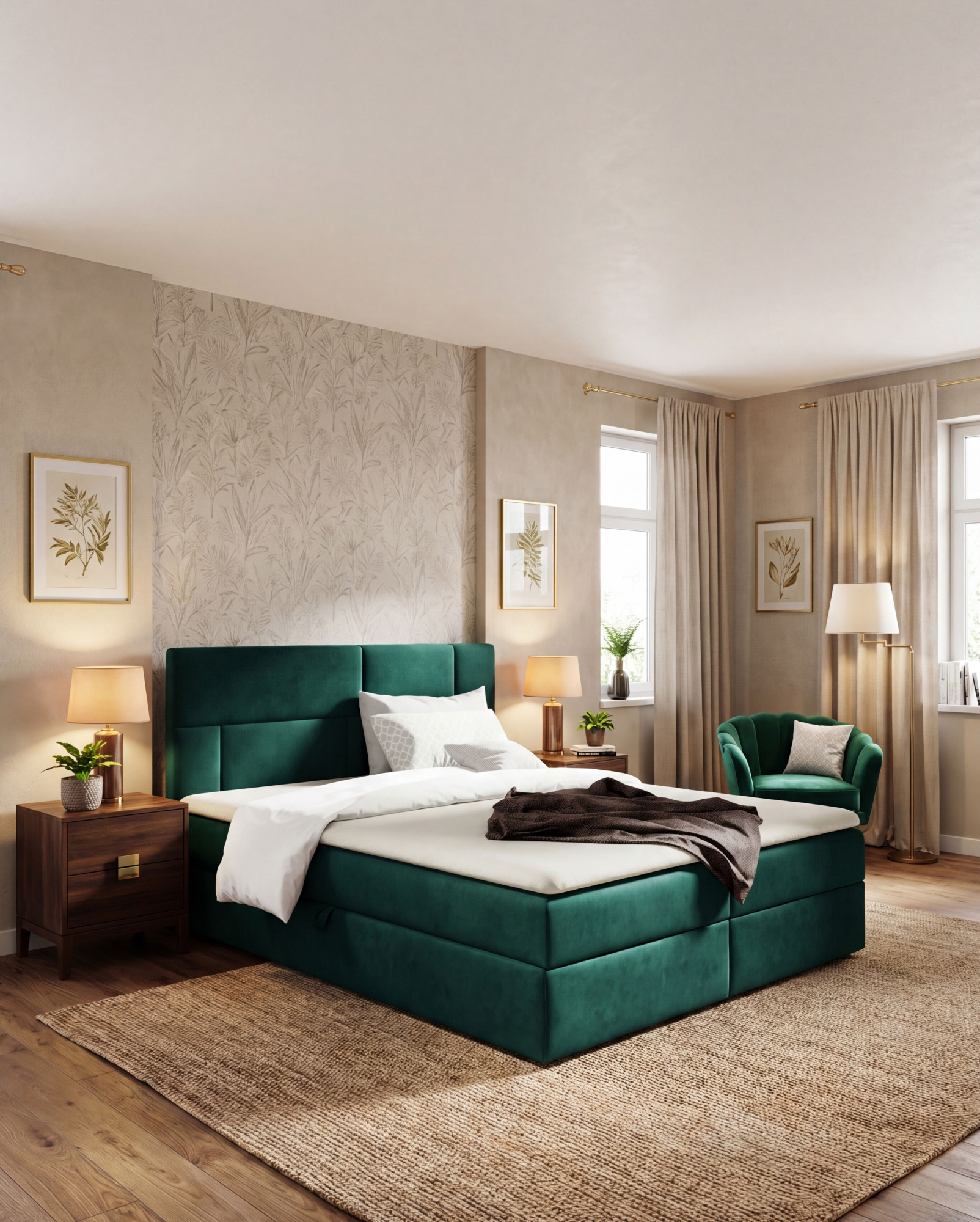 Aranżacja sypialni z zielonym łóżkiem kontynentalnym Orellis