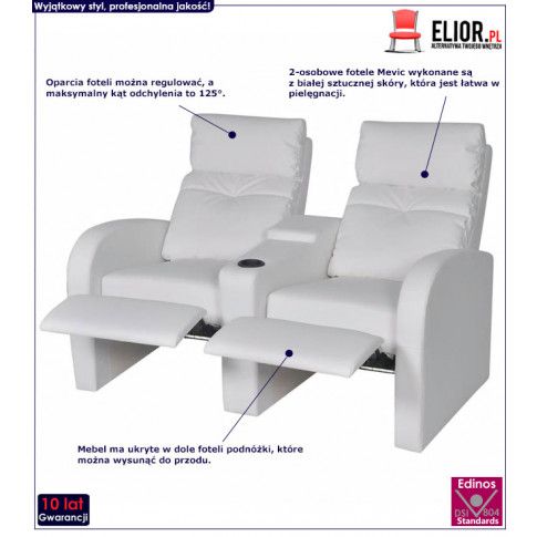 Fotografia Kinowe fotele rozkładane z ekoskóry Mevic – białe z kategorii Fotele wypoczynkowe