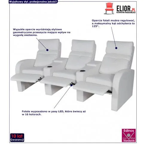Fotografia Rozkładane fotele kinowe z ekoskóry Mevic 3X – białe z kategorii Fotele wypoczynkowe