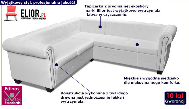 5-osobowy biały narożnik Chesterfield Charlotte 5Q