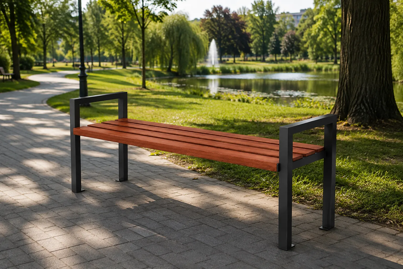 Metalowa ławka parkowa bez oparcia Heffio w parku