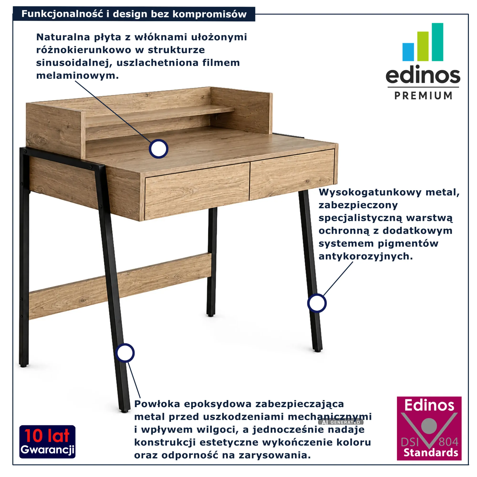 Nowoczesne biurko Lestino w kolorze dąb artisan