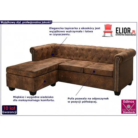 Brązowa sofa z leżanką w stylu Chesterfield, lewostronna - Charlotte 4Q