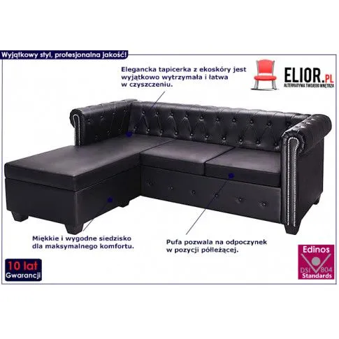 Czarna sofa z leżanką w stylu Chesterfield, lewostronna - Charlotte 4Q