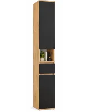 Wąski regał słupek z podwójnymi drzwiami i szufladą czarny + dąb artisan - Veki 4X w sklepie Edinos.pl
