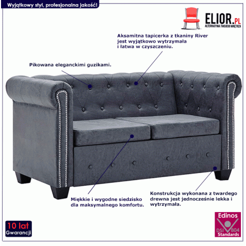 Szczegółowe zdjęcie nr 9 produktu Dwuosobowa sofa Charlotte 2Q w stylu Chesterfield - szara