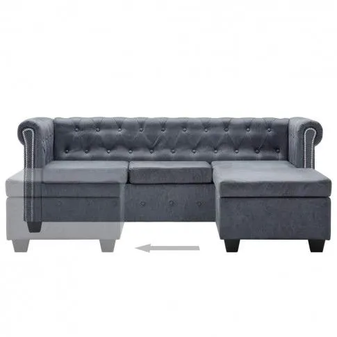 Szczegółowe zdjęcie nr 7 produktu Charlotte 4q Sofa Chesterfield w kształcie litery Jutlad sztuczny zamsz, szara