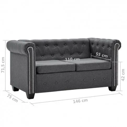 Szczegółowe zdjęcie nr 8 produktu Fernis Sofa 2-osobowa w stylu Chesterfield, materiałowa, ciemnoszara