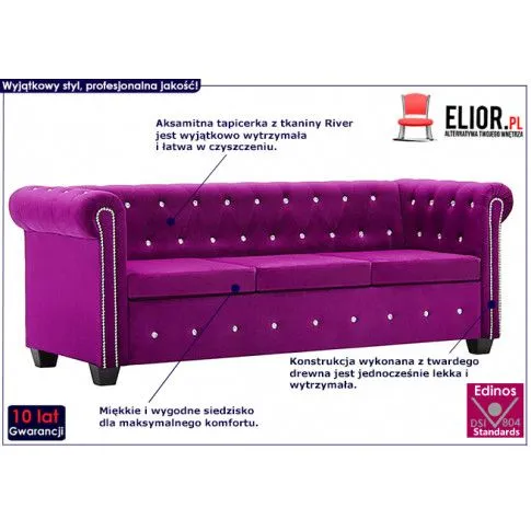 Fioletowa sofa Charlotte 3Q, Chesterfield