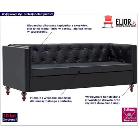 Szczegółowe zdjęcie nr 9 produktu 3-osobowa Sofa James 3Q w stylu Chesterfield - czarna