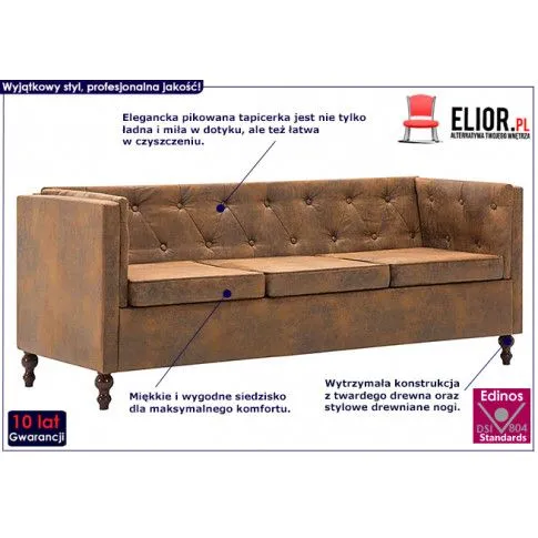 Szczegółowe zdjęcie nr 9 produktu 3-osobowa Sofa James 3Q w stylu Chesterfield - brąz