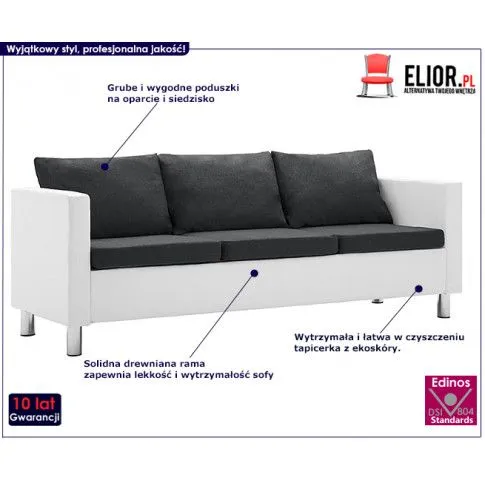 Szczegółowe zdjęcie nr 7 produktu Atrakcyjna 3-osobowa sofa Glomsti 3Q - biało-ciemnoszara