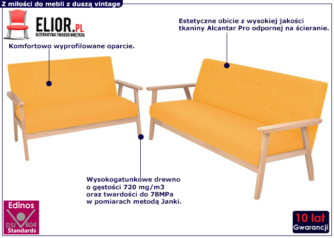 Żółty zestaw sof w stylu vintage Edris 4X
