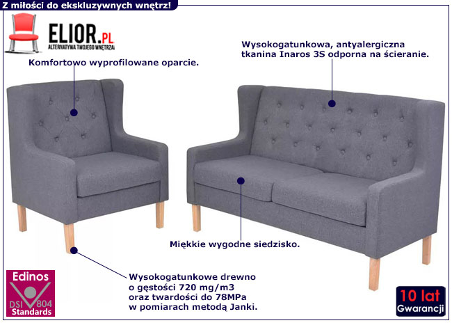 Ciemnoszary 3-osobowy zestaw wypoczynkowy w stylu uszak Vilson 2Q