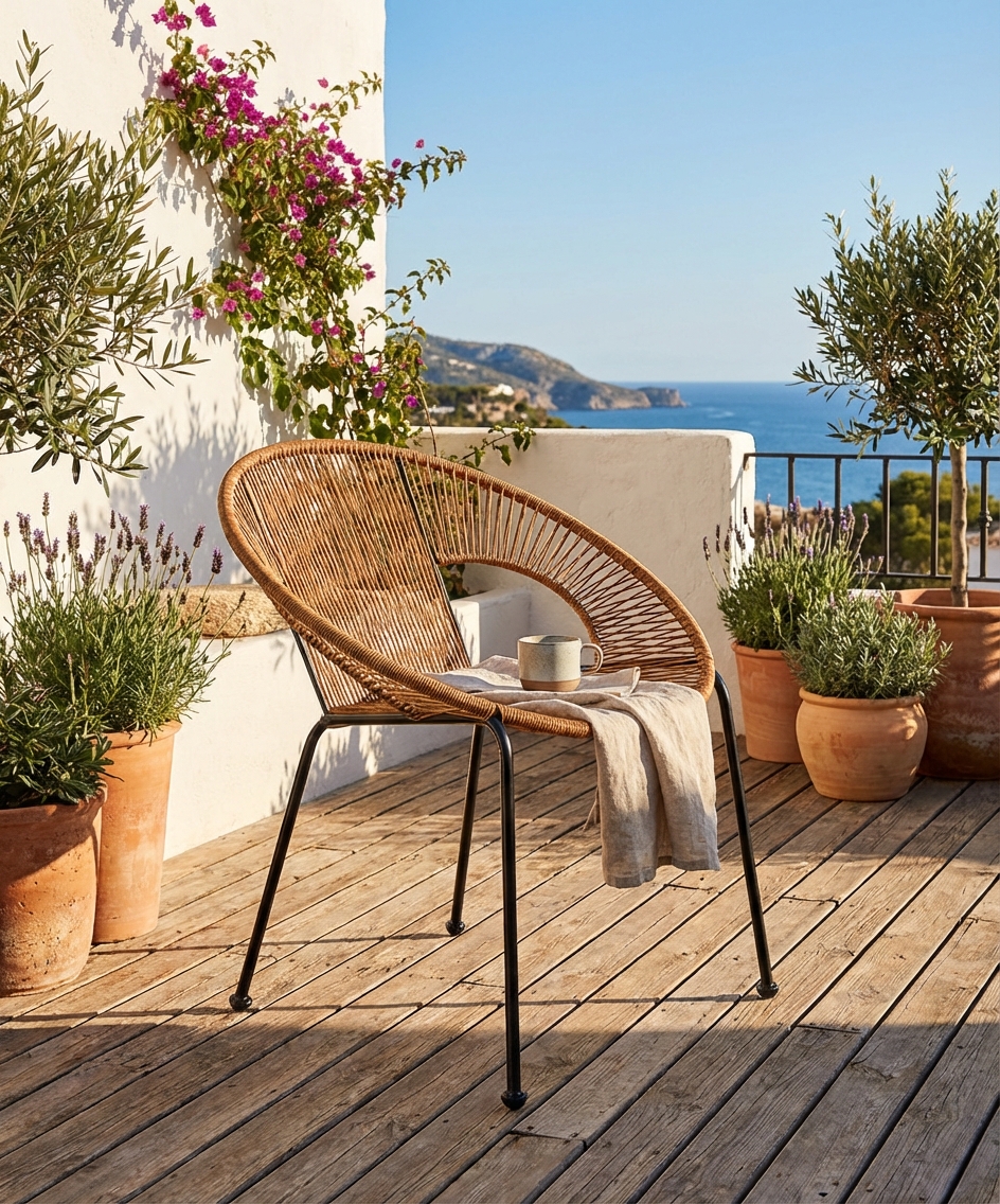 Aranżacja tarasu z rattanowym fotelem Kalipso