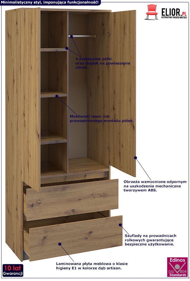 Szafa dwudrzwiowa na ubrania dąb artisan Marla