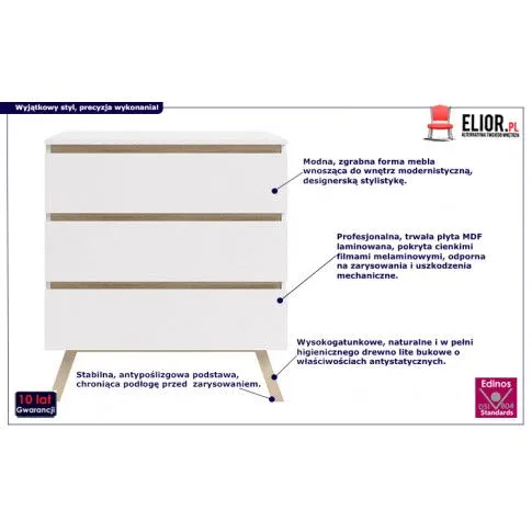 Fotografia Matowa komoda na drewnianych nóżkach Lira 3X - biała z kategorii Komody