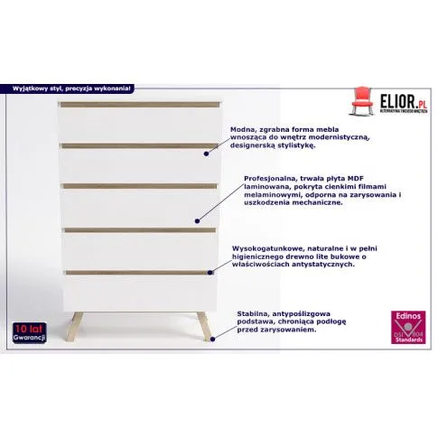 Fotografia Skandynawska wysoka komoda na nóżkach Lira 5X - biała mat z kategorii Komody