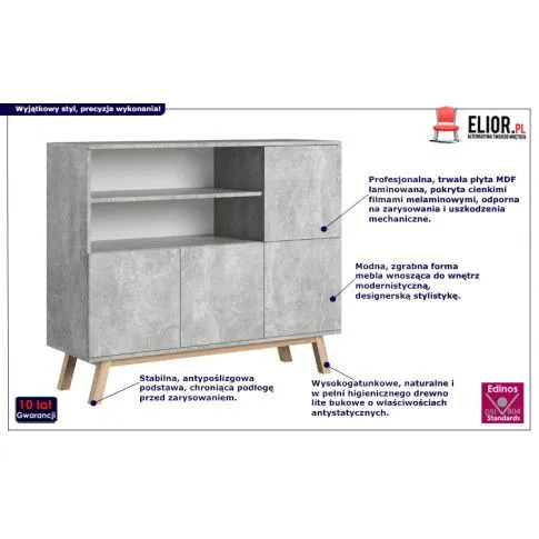 Fotografia Loftowa szara komoda na nóżkach Tulior - beton z kategorii Komody