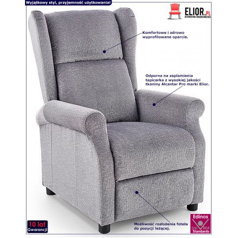 Fotografia Rozkładany fotel uszak wypoczynkowy Alden - popielaty z kategorii Fotele wypoczynkowe