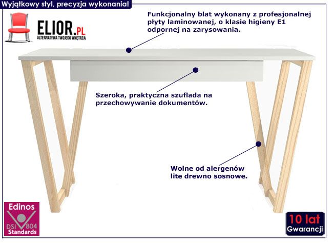 białe biurko skandynawskie z drewnianą podstawą