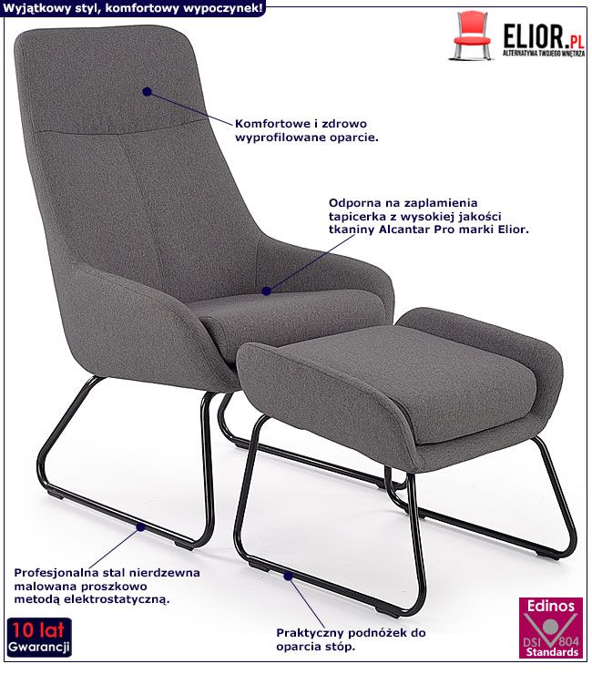 Szary fotel wypoczynkowy z podnóżkiem Santo